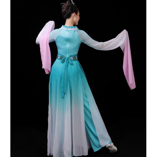 Pink with blue gradient Waterfall sleeve chinese folk dance dresses classical fairy princess  Jinghong dance swing sleeve costumes Hanfu Caiwei performance dress 
